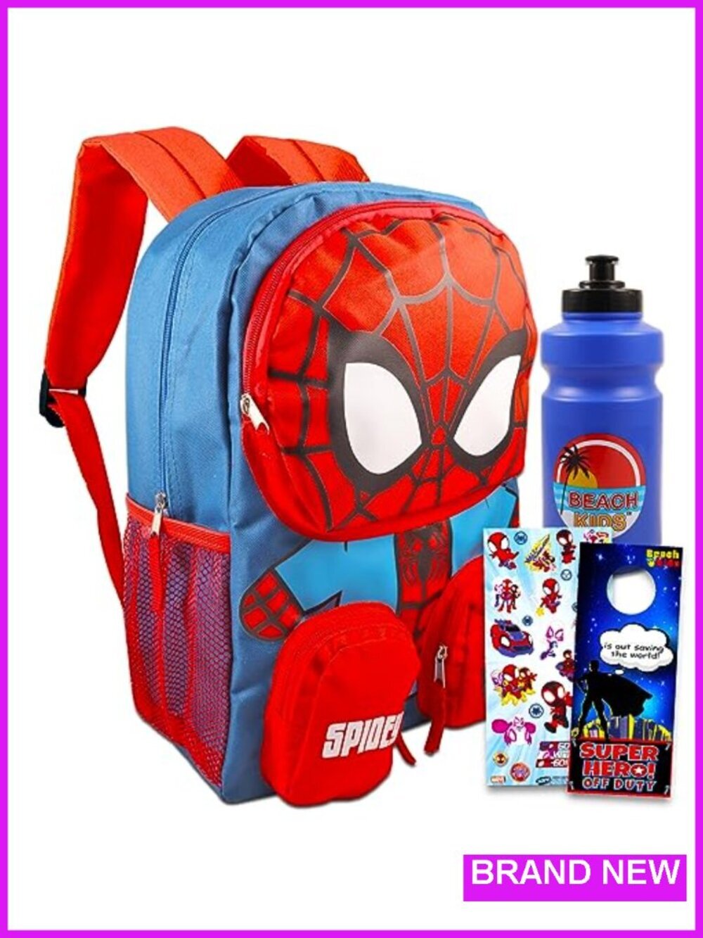 16" Spiderman Backpack for Boys with Water Bottle & Stickers - Durable Canvas